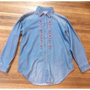 Womens Boho Embroidered  Southwestern Size 4 Cowgirl Denim Outdoor Shirt Blue